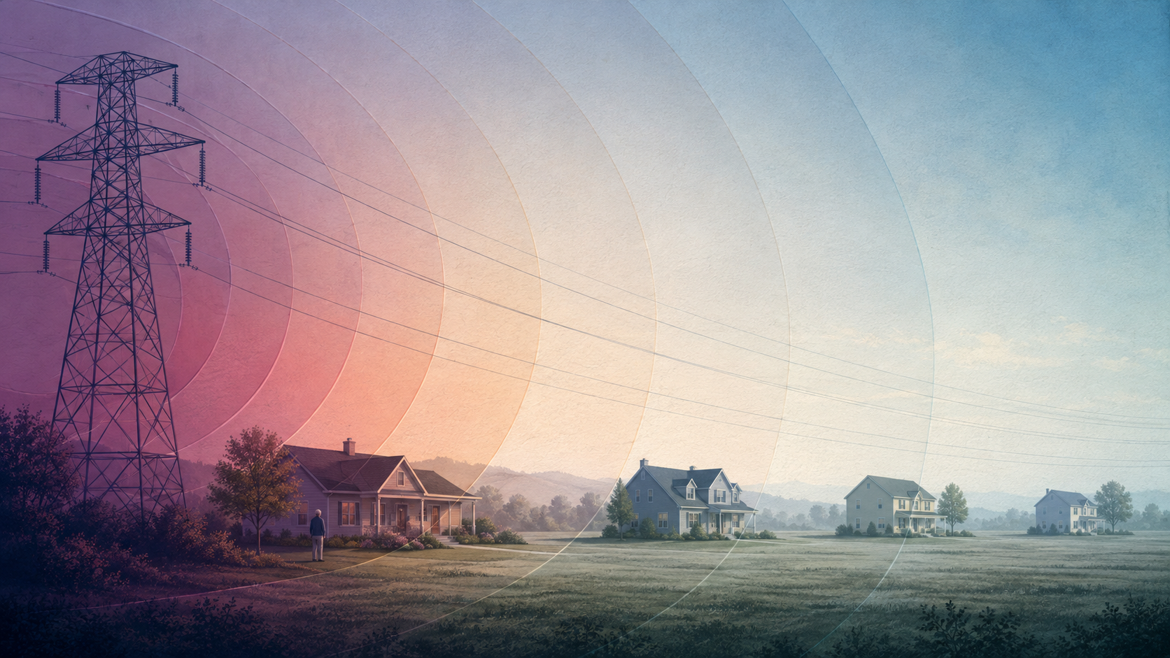 An older adult and homes at increasing distances from high-voltage power lines, illustrating a dementia mortality study